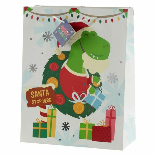 christmas santa stop here dinosaur gift bag for children festive present packaging