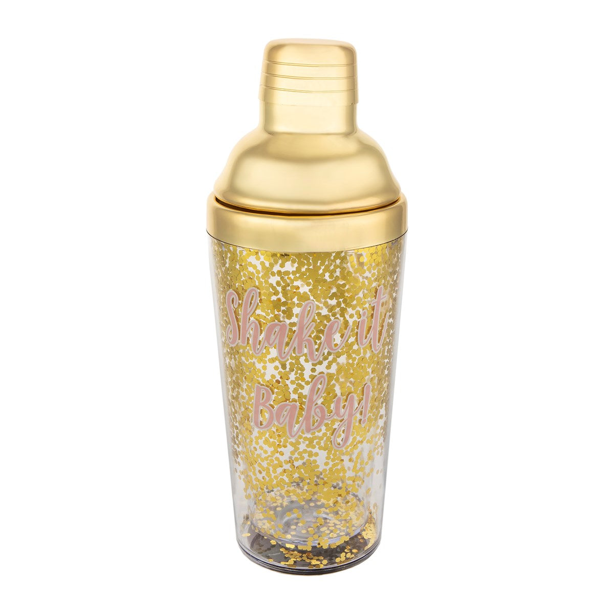 clear glass cocktail shaker with gold-toned detailing and confetti accents, with lid on