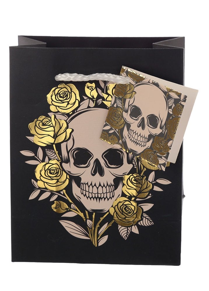 skulls and roses gothic gift bag front view with decorative metallic style design