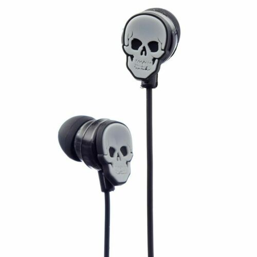 skulls and roses wired earbuds with detailed skull design shown unboxed