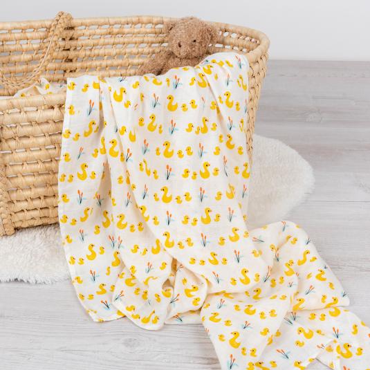 Baby bamboo and cotton muslin swaddling blanket with duck print, soft breathable baby swaddle for everyday use