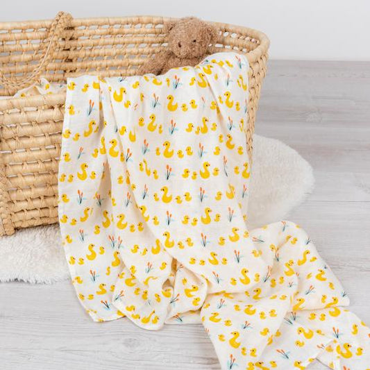 Baby bamboo and cotton muslin swaddling blanket with duck print, soft breathable baby swaddle for everyday use