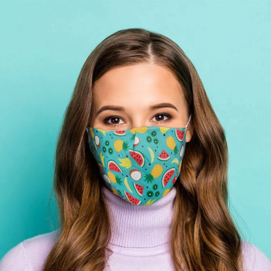 reusable adult tropical fruit print face covering with bold playful design for everyday wear