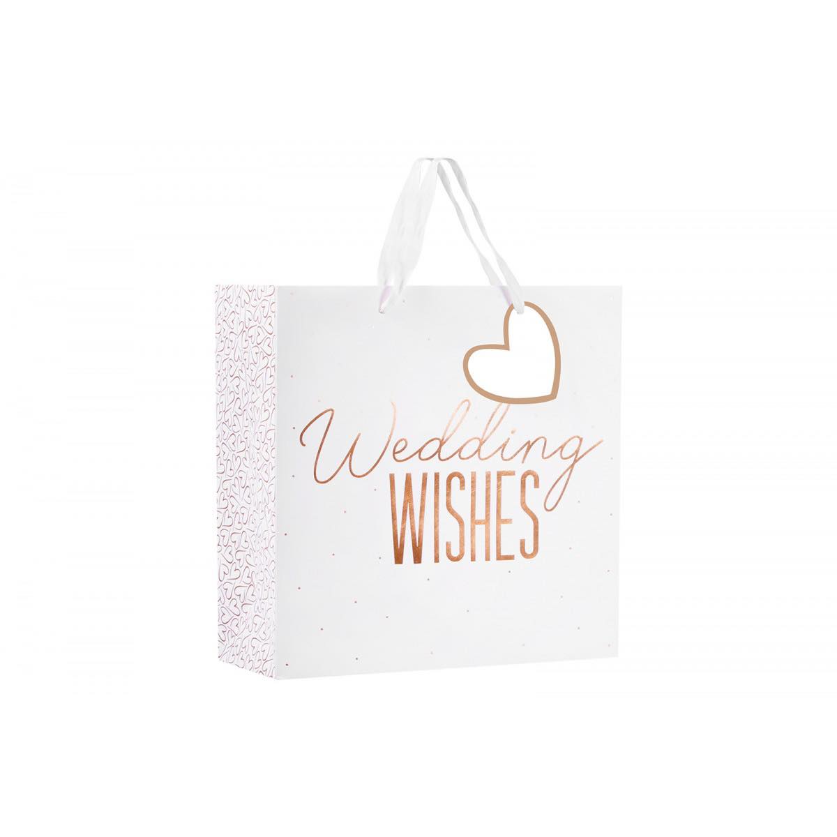 large wedding wishes gift bag with foil lettering handles and heart shaped gift tag