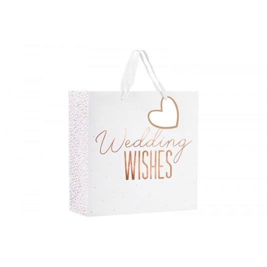 large wedding wishes gift bag with foil lettering handles and heart shaped gift tag