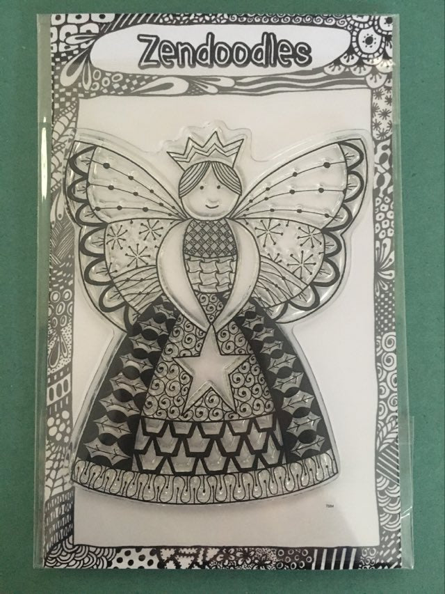 zendoodle clear stamp angel, intricate angel design, perfect for festive crafting, ideal for Christmas card making, gift tags, and scrapbook projects
